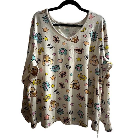 Disney size 2X Chip & Dale chipmunks cream v neck long sleeve top-part of a set - Picture 1 of 11